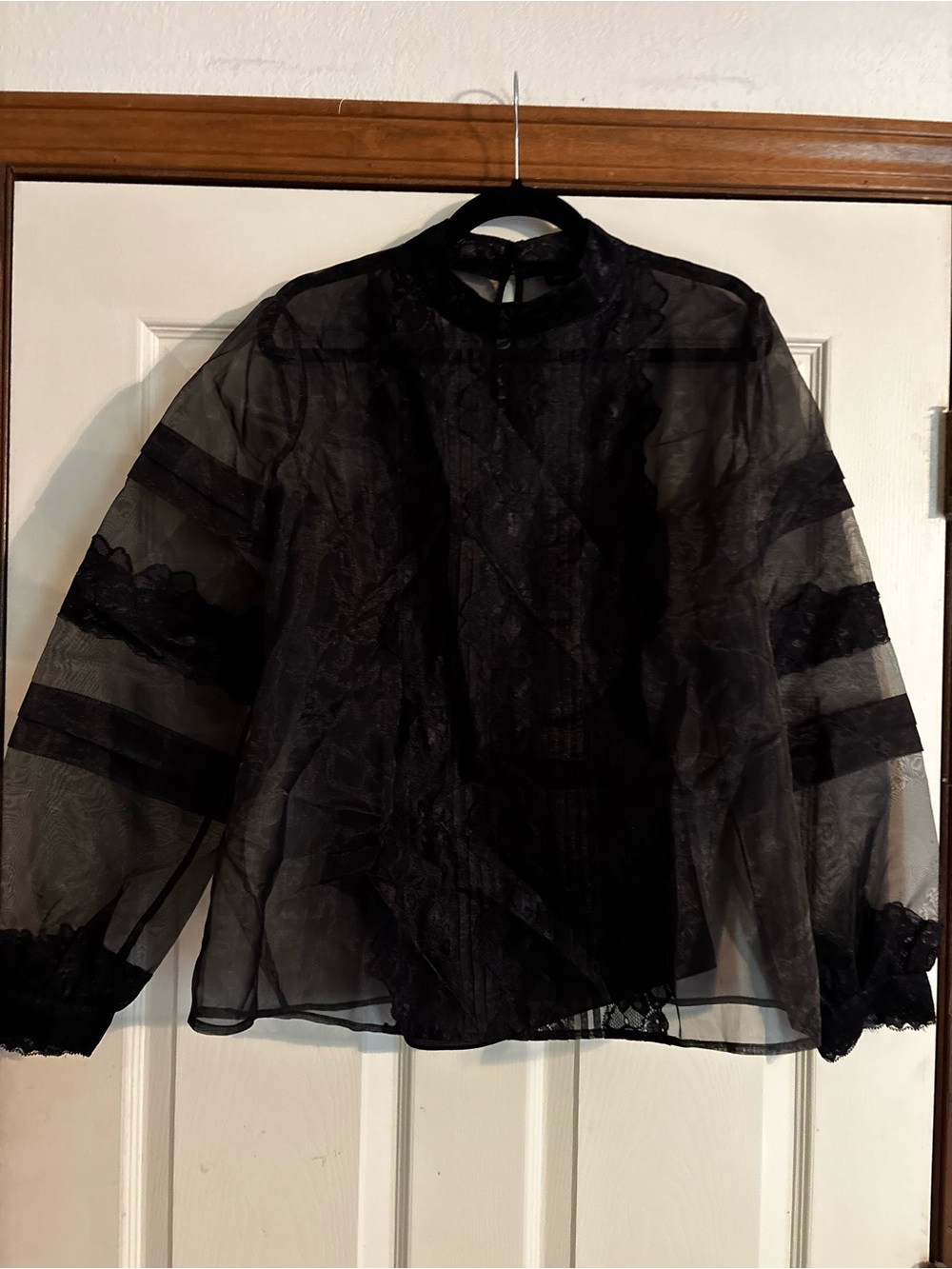 NWT White House Black Market Sheer Organza Lace Trim Blouse Sz 14 Black